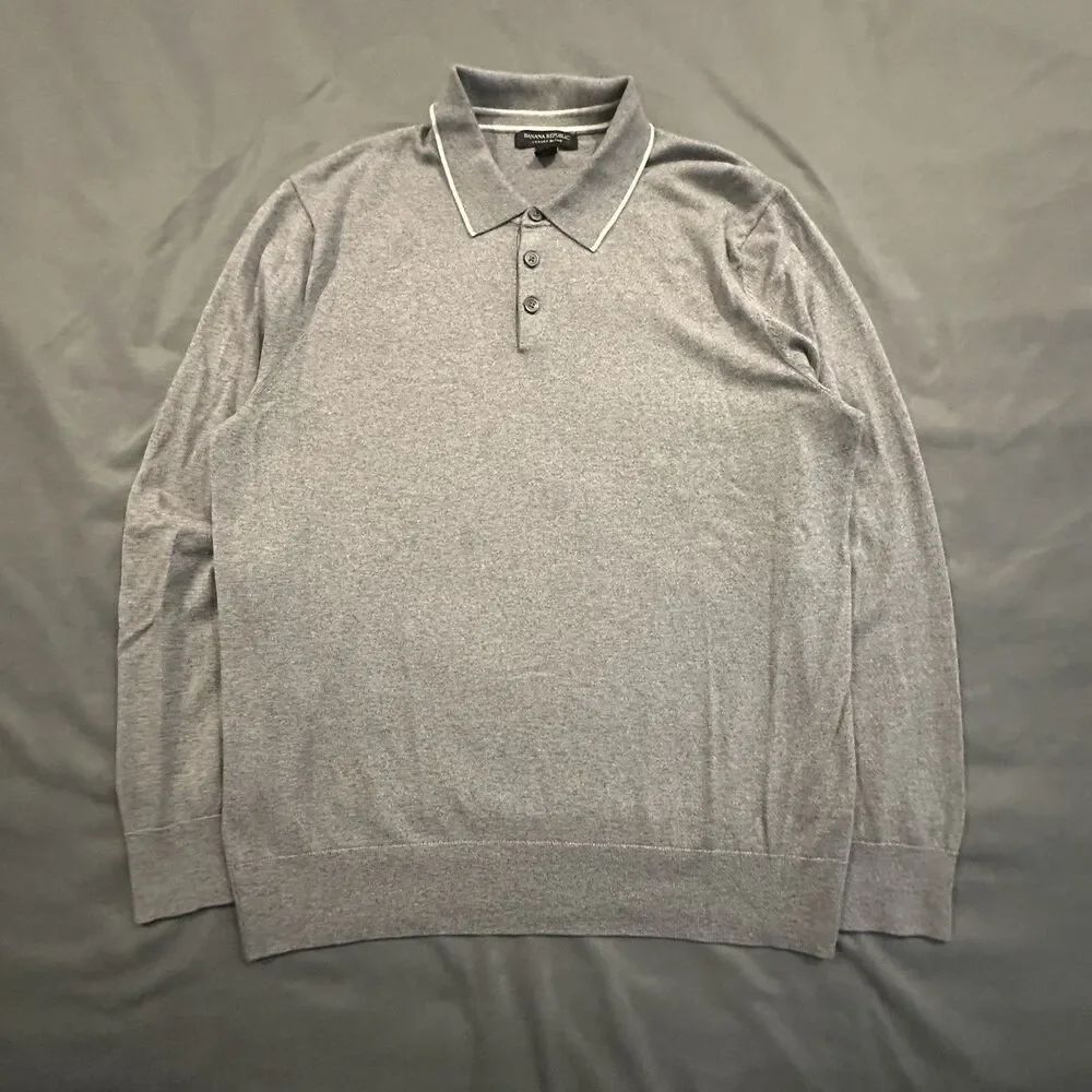 Banana Republic Luxury Blend Sweater Mens L  Silk Cashmere Cotton Polo Knit Gray